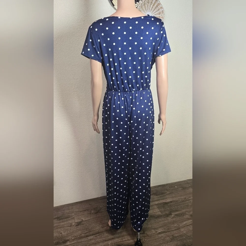 Shelby & Palmer Polka Dot Jumpsuit Women's Size Large Blue Wide Leg Fit & Flare